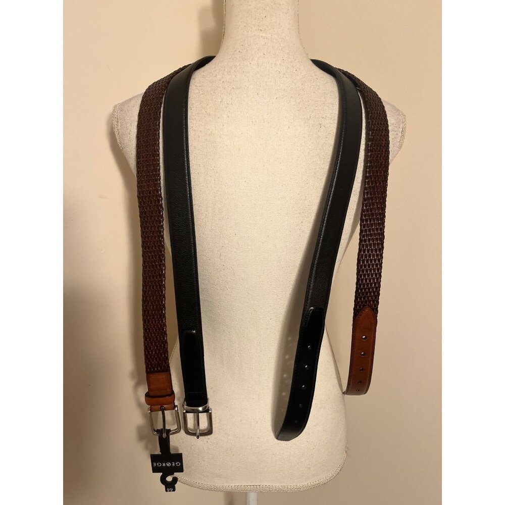 Set Of 2 Mens Sz 44 Belts: Woven Brown Manmade & Black leather w/ Metal Buckles